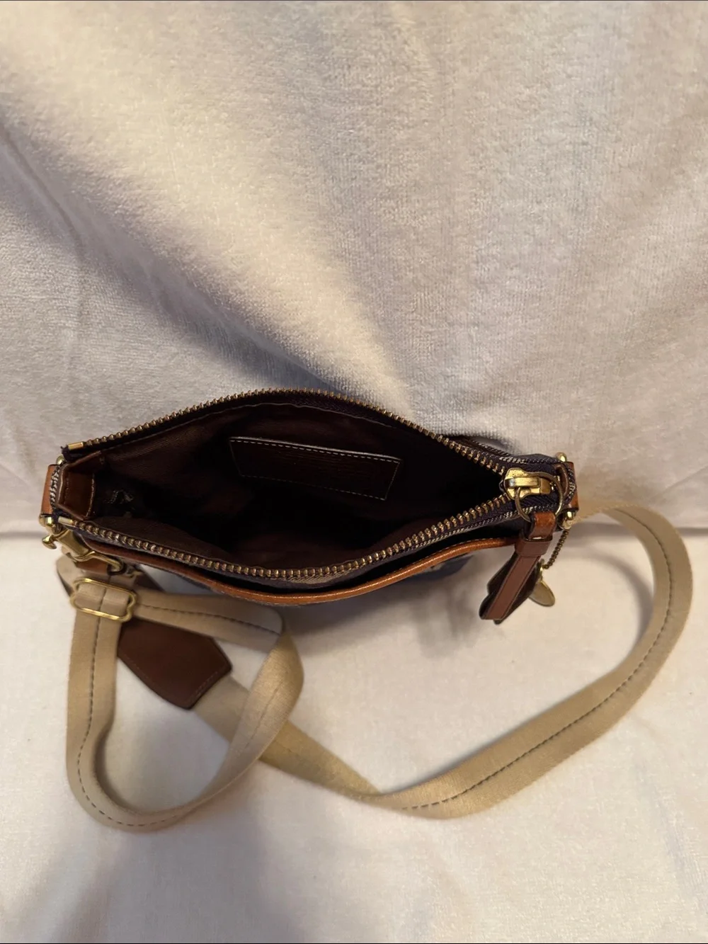 Coach Brown and Tan Signature Crossbody with Cream Strap & Denim Accents